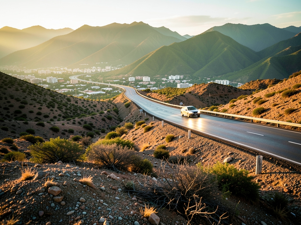 winding desert highway between Jazan mountains golden hour