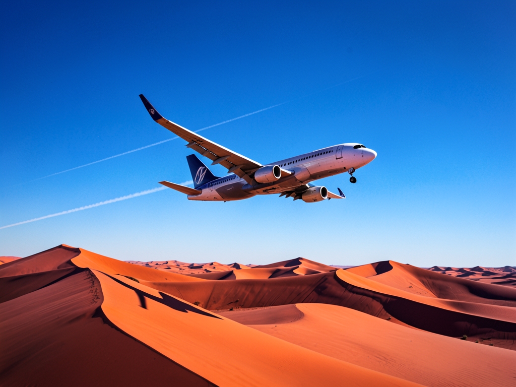 Airliner banking over vast sand dunes under harsh