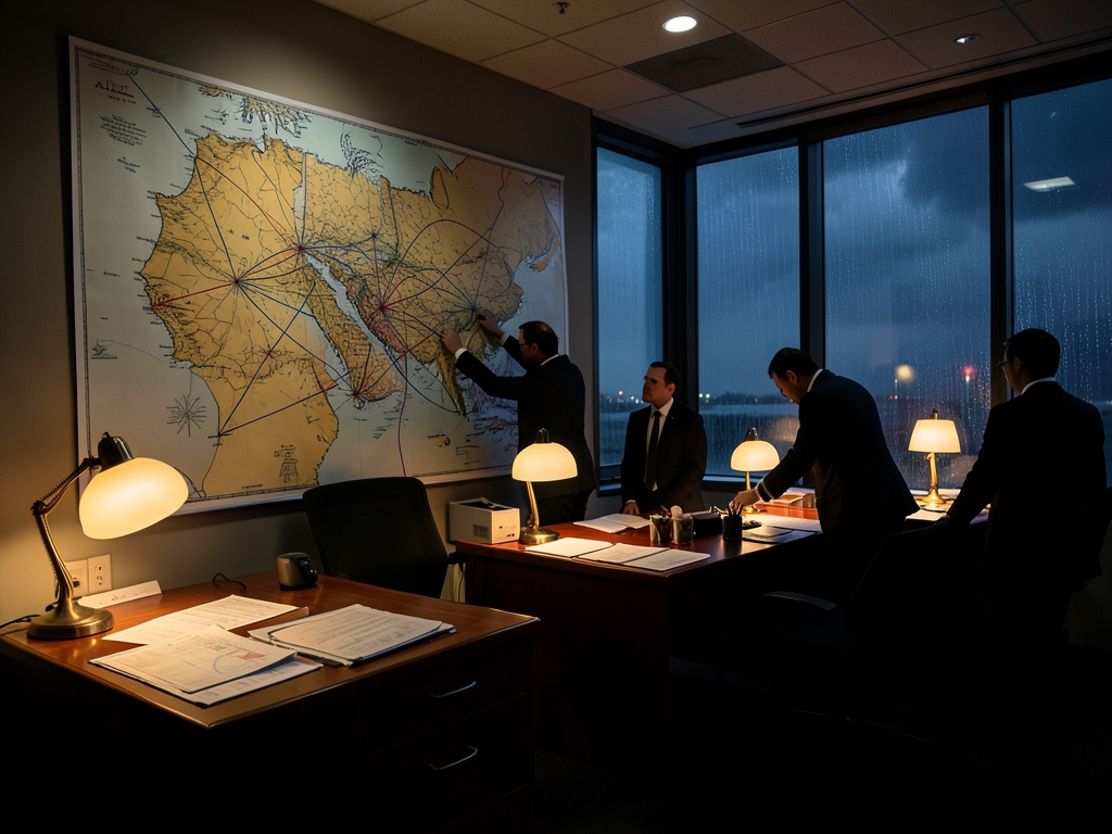airline operations room night with large wall Gulf
