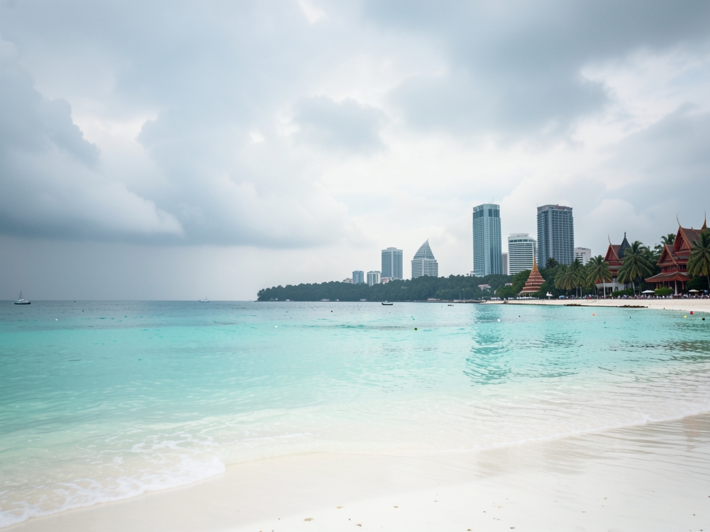 Serene Southeast Asian coastal landscape under soft monsoon