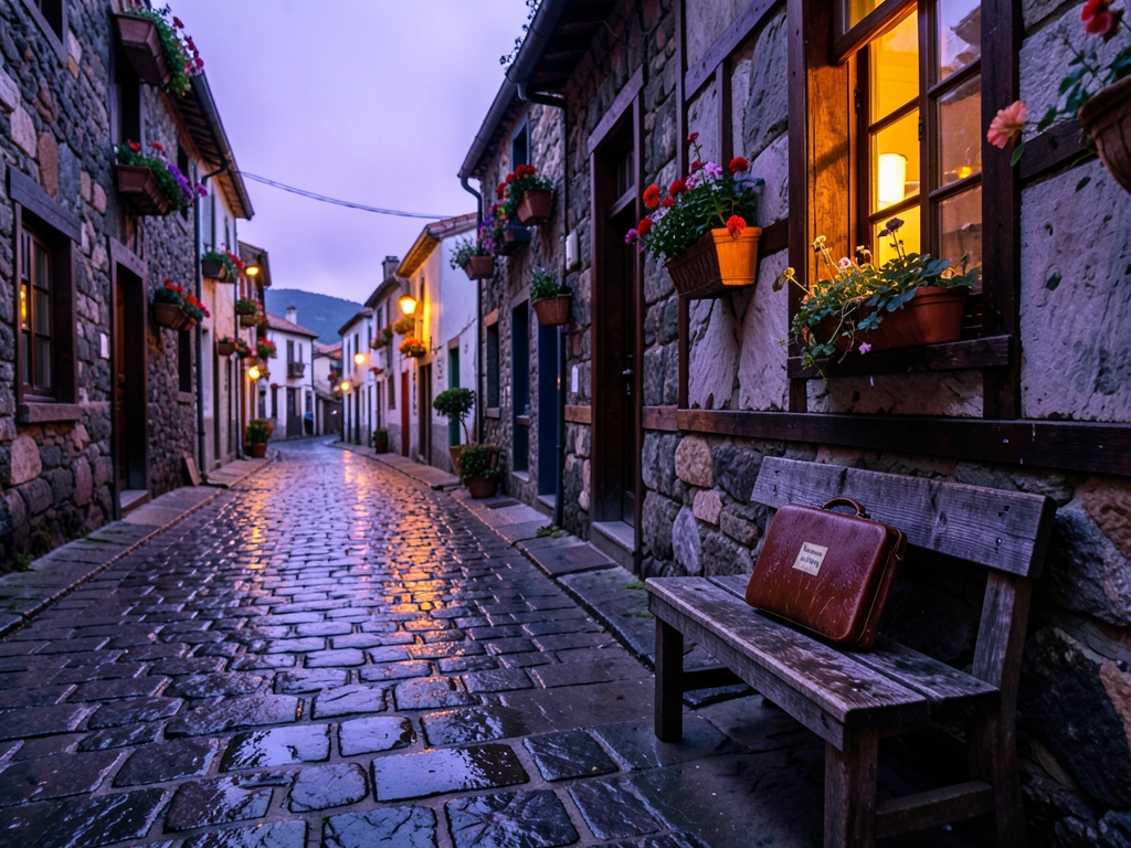 narrow main street small Patagonian town dusk warm