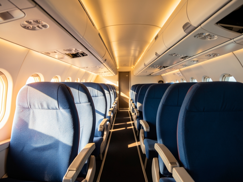 sunlit interior shot Alaska Airlines cabin aisle looking