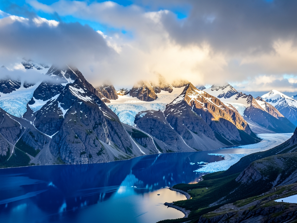 Sunlight piercing through dramatic alpine clouds illuminate rugged