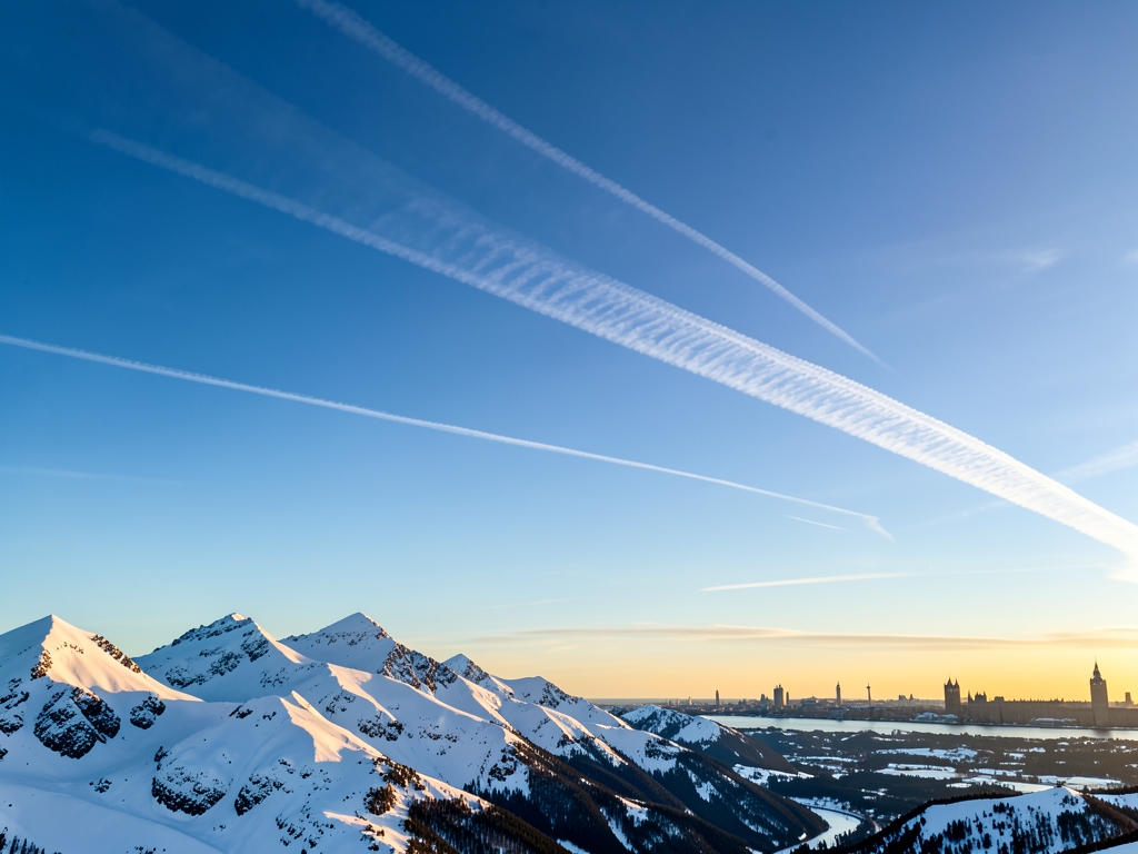 Unbroken contrail above snow capped Alaska toward London s distant