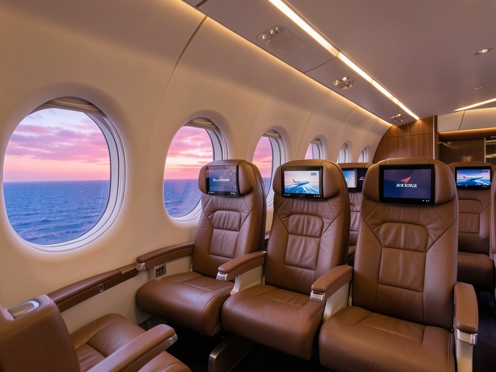 Spacious premium airplane cabin with large windows revealing