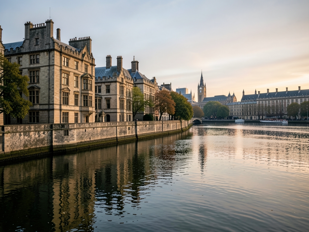 London riverside soft morning light with historic stone