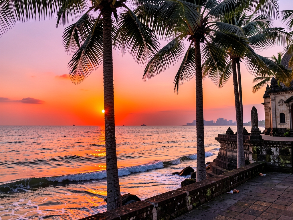 warm tropical sunset over Manila with palm silhouettes