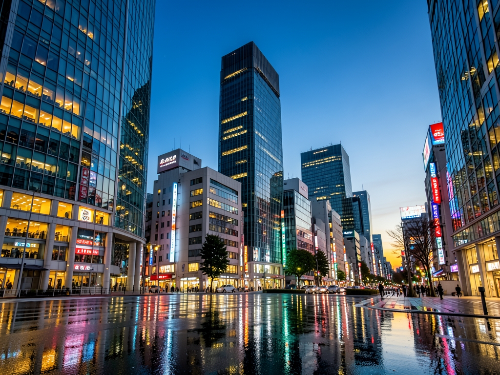 Tokyo business district dusk glass skyscrapers pavement reflections