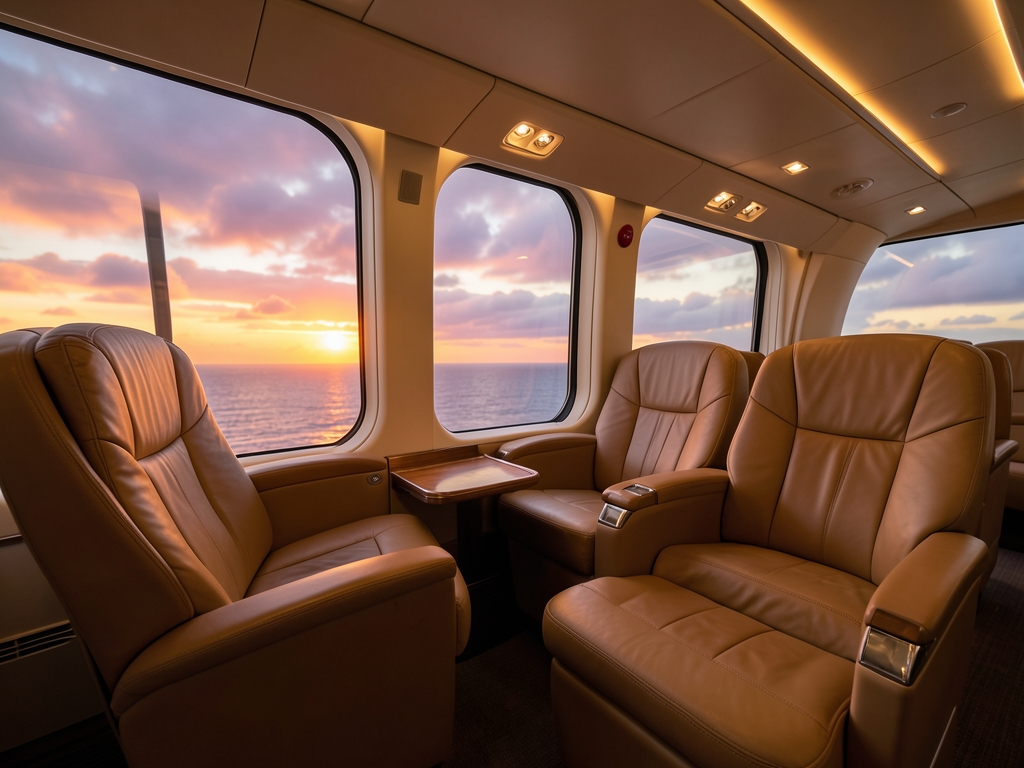Spacious business class cabin interior with leather seats