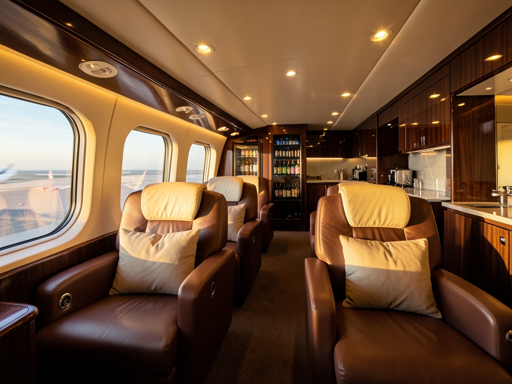 Warm golden light illuminates spacious first class cabin interior