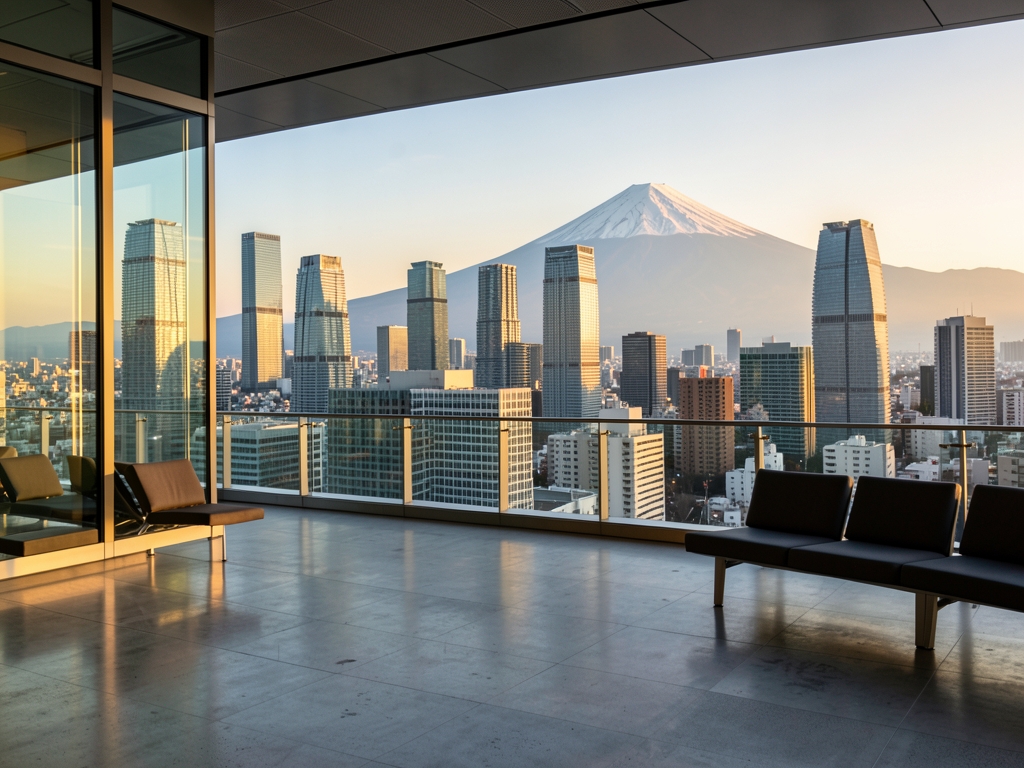 Tokyo skyline beyond tranquil airport observation terrace layered