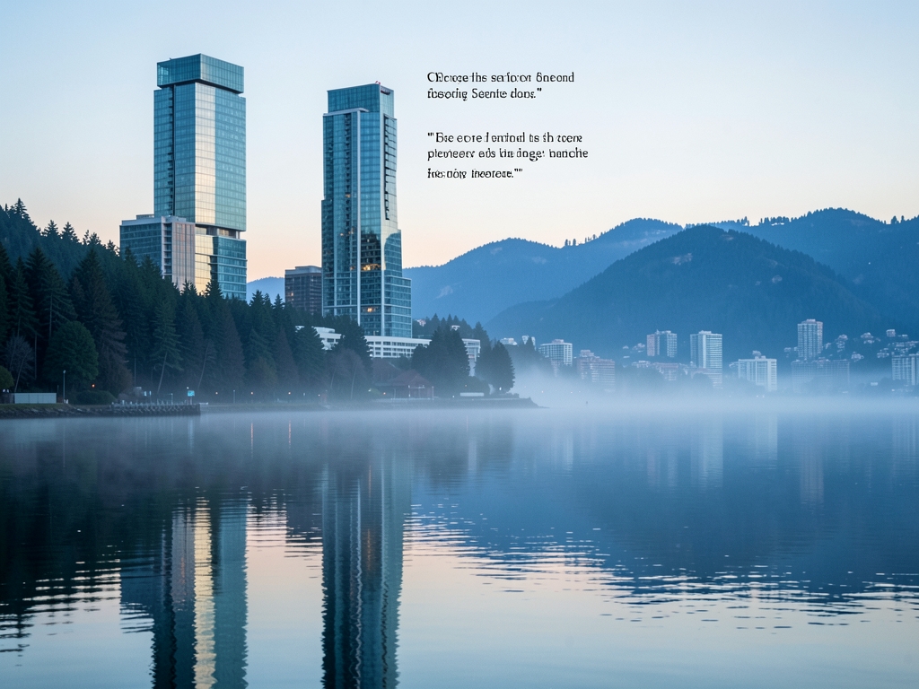 Misty Seattle waterfront dawn with modern glass towers