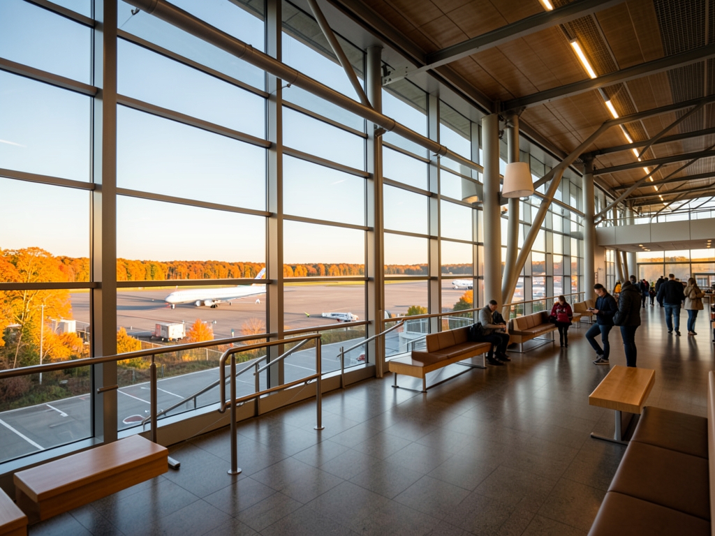Spacious modern airport terminal with glass walls overlooking