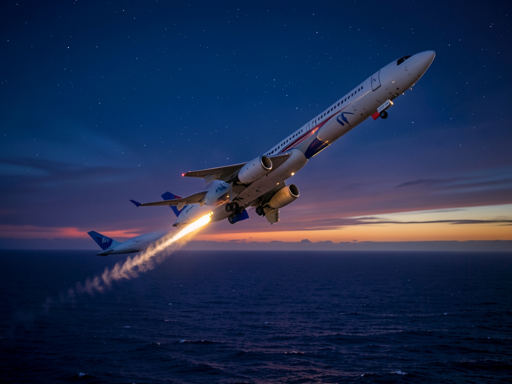 sleek transatlantic ascends above Atlantic twilight contrail glowing