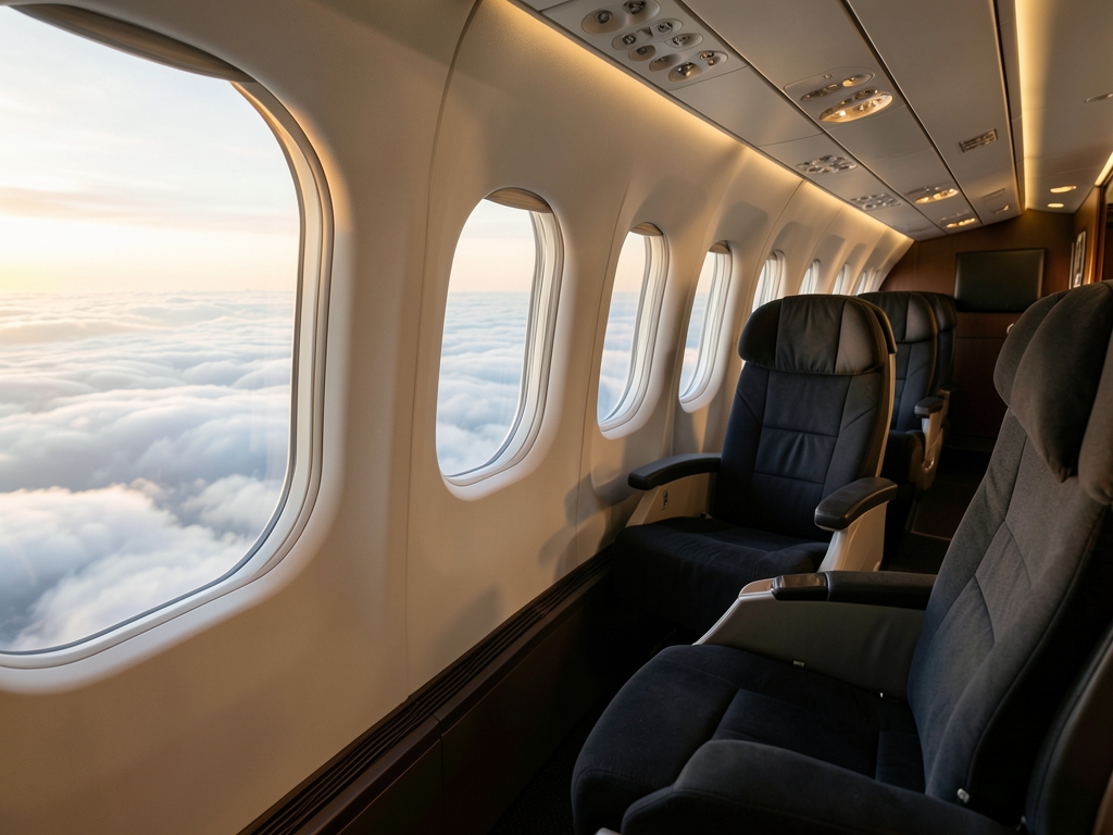 Spacious premium airplane cabin dawn with dark lie flat