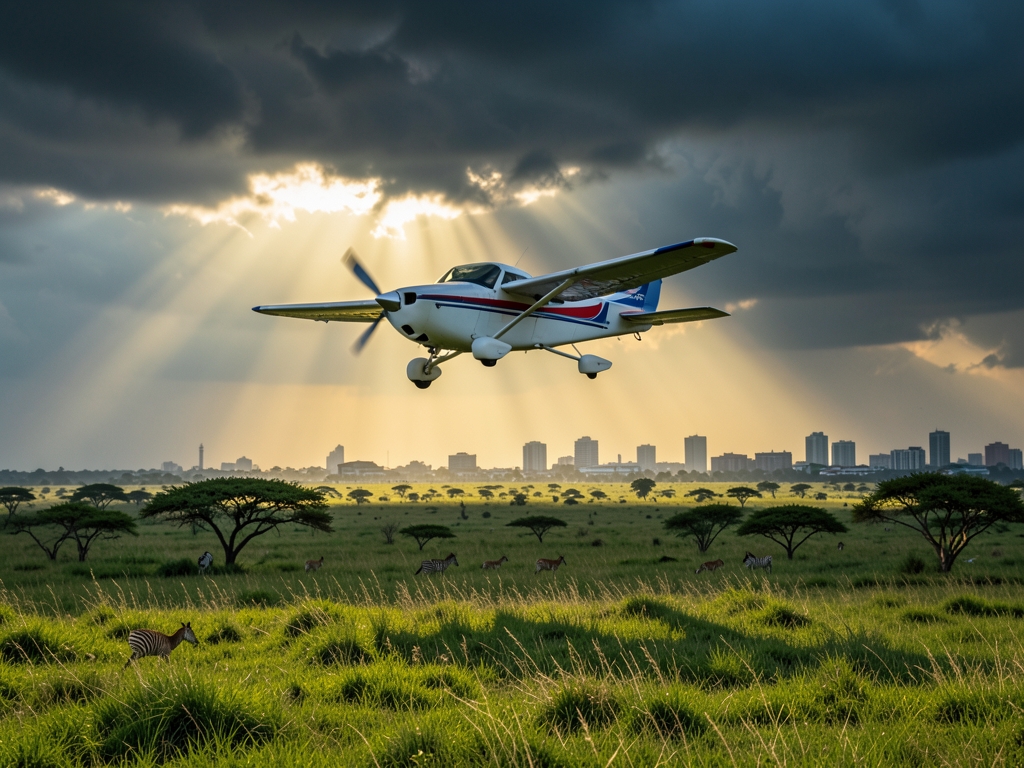 small aircraft above Nigeria s green savanna hazy city