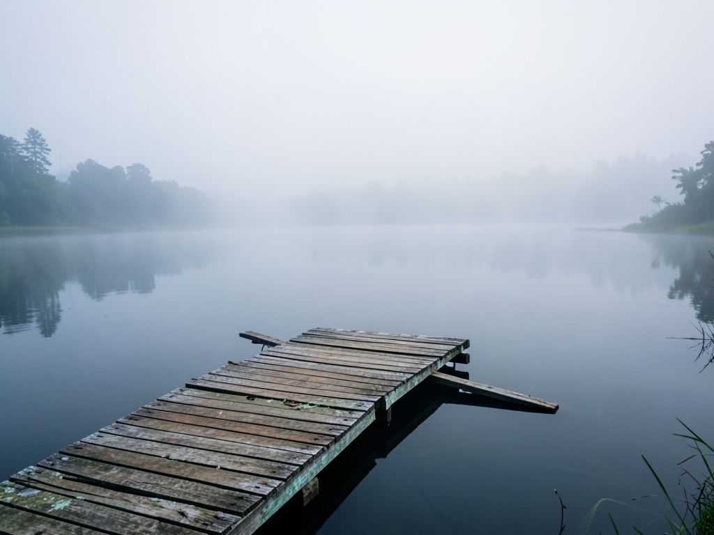 misty morning reveals calm expanse lake reflecting soft