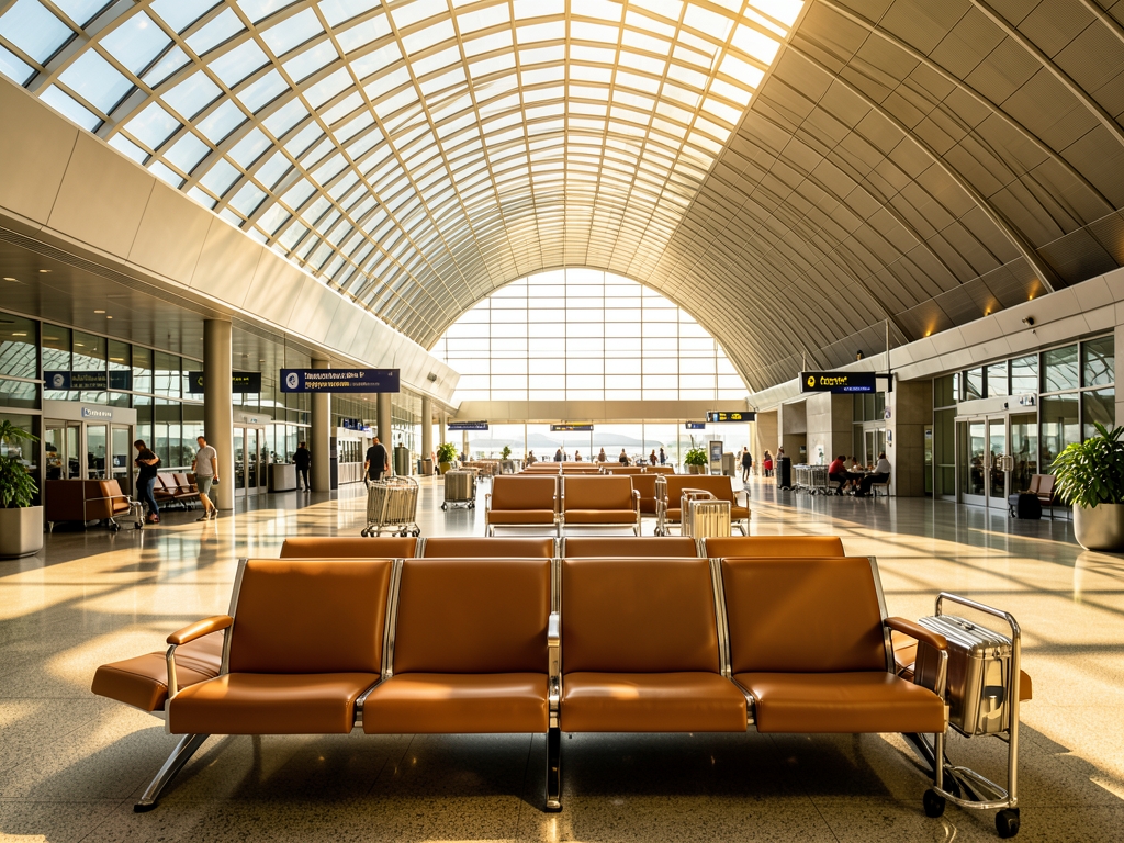 Sunlight streams through curved glass ceiling modern airport