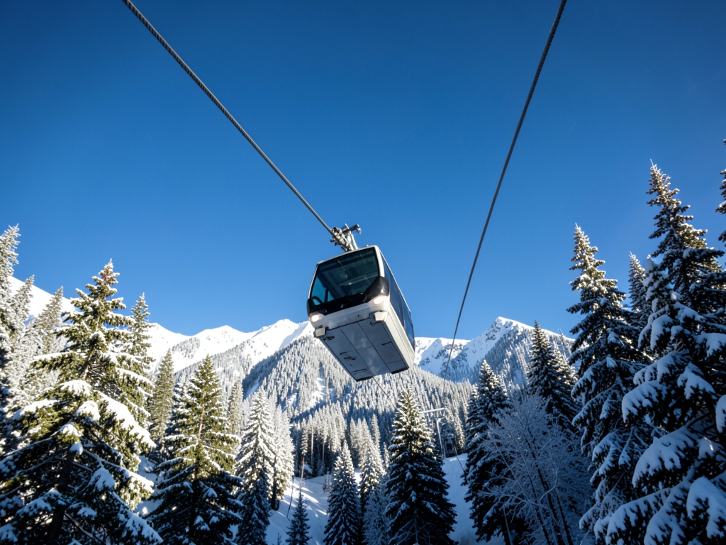 Sunlit aerial tram ascending toward snow covered peaks Sky