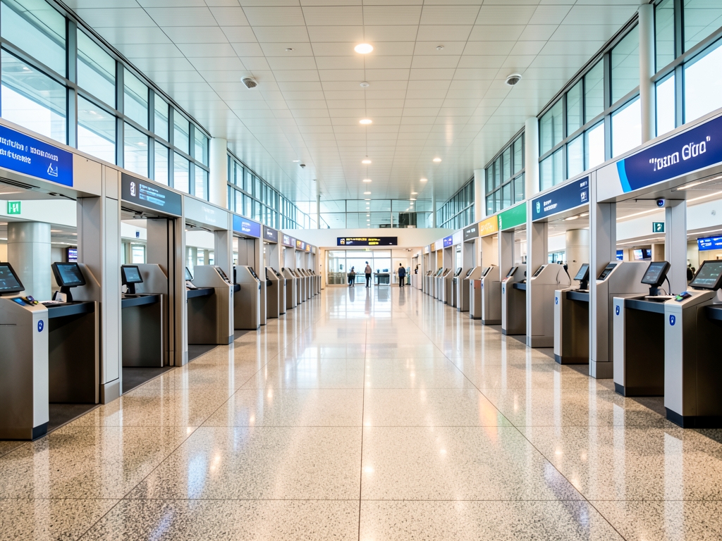 Spacious airport screening hall with open lanes polished