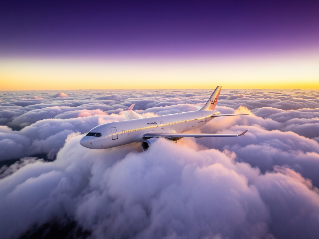 wide aerial view commercial aircraft gliding through soft