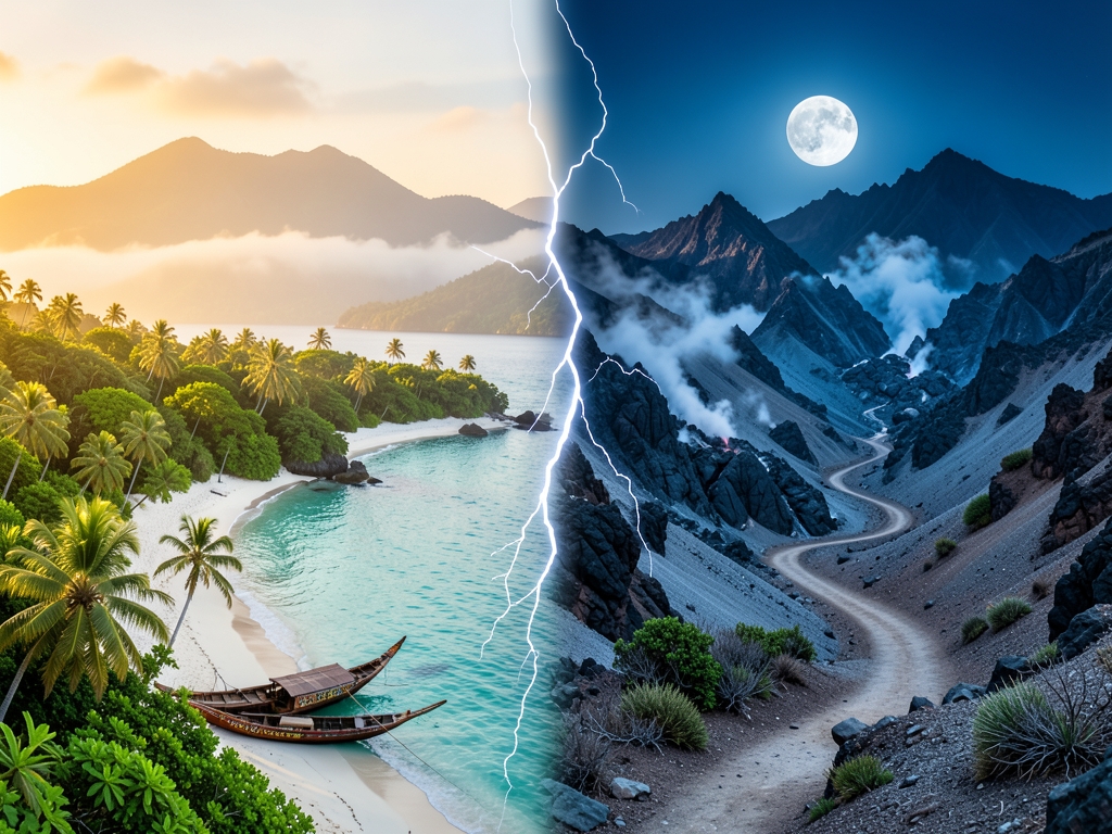 Dramatic split landscape showing lush tropical coastline meeting