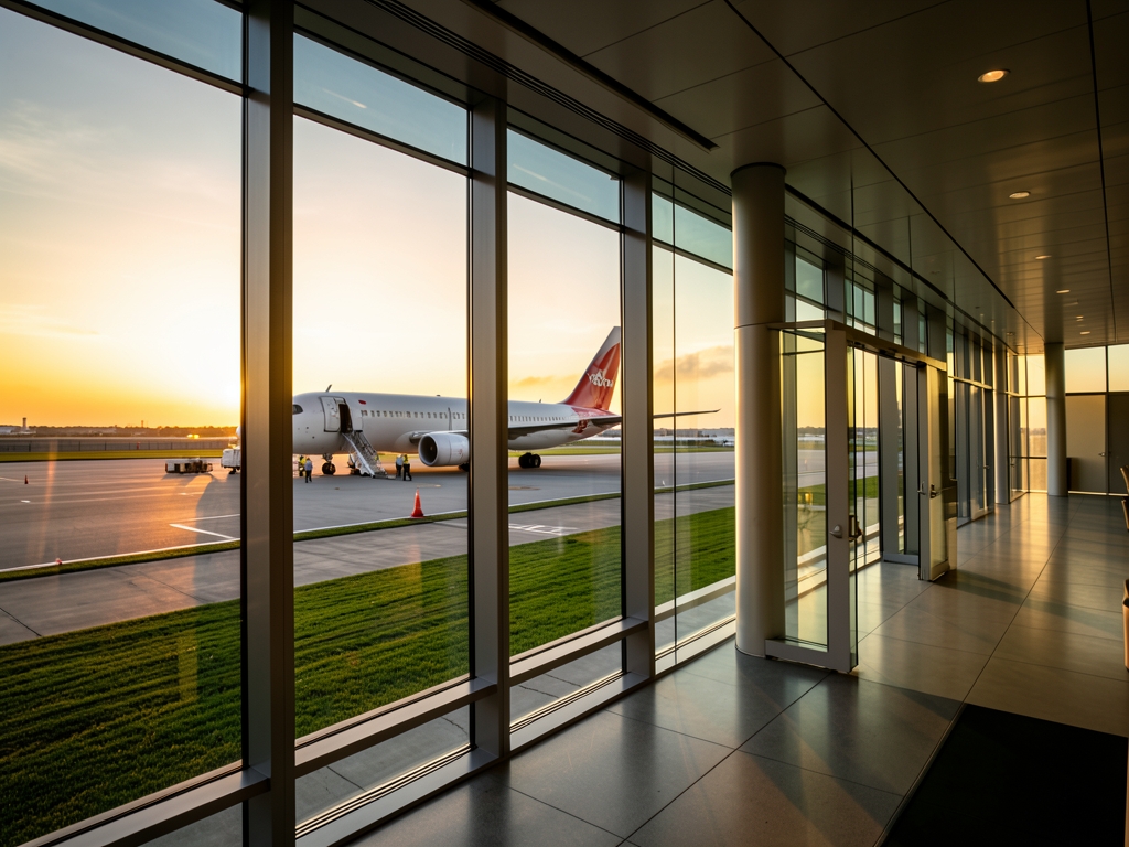 Modern glass terminal interior overlooking runway where aircraft