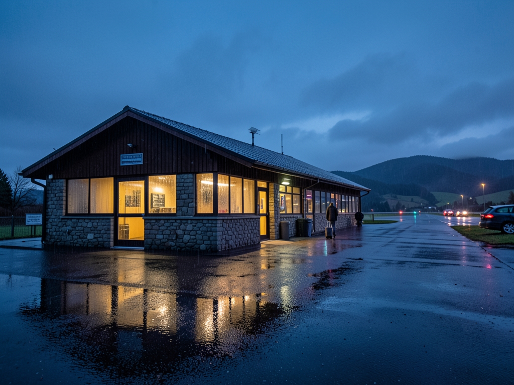 Rainy twilight exterior small regional terminal with glass