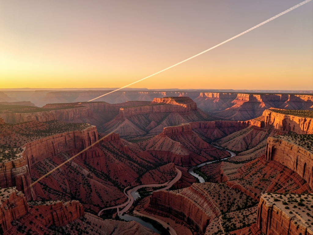 Golden hour aerial view red rock desert canyons stretching horizon