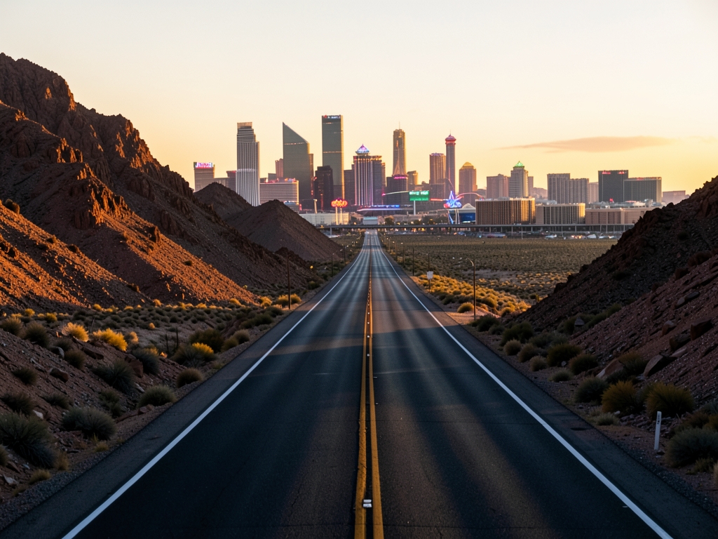 Late afternoon over desert highway leading toward Vegas