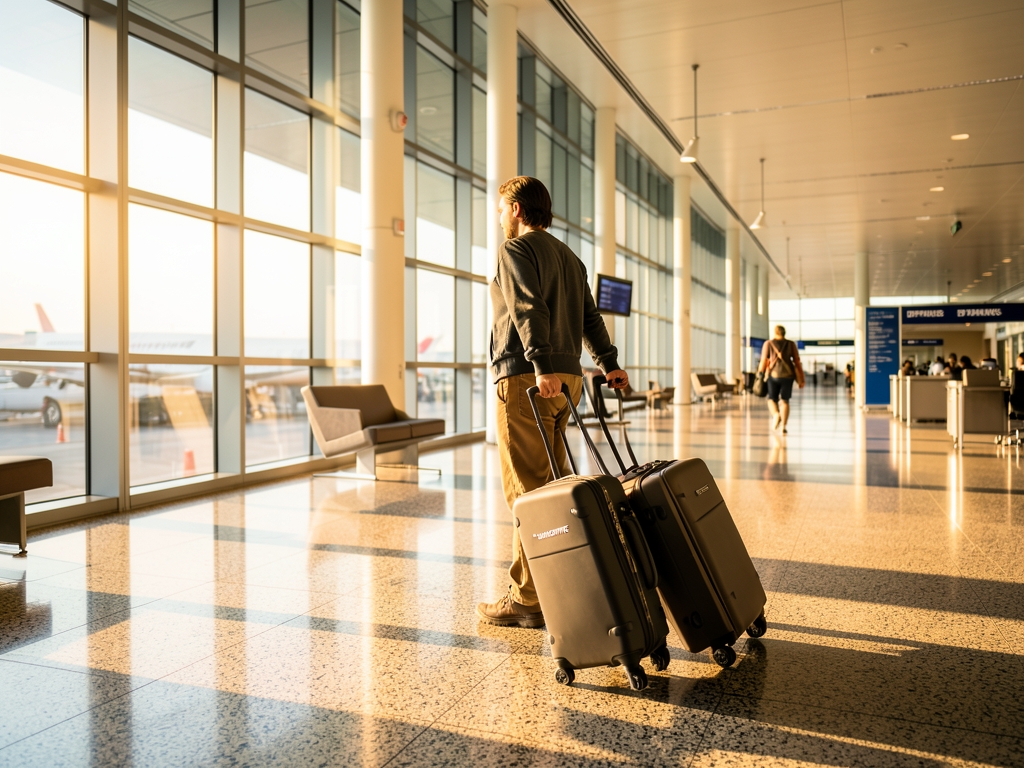 Sunlit airport terminal corridor with floor to ceiling glass walls