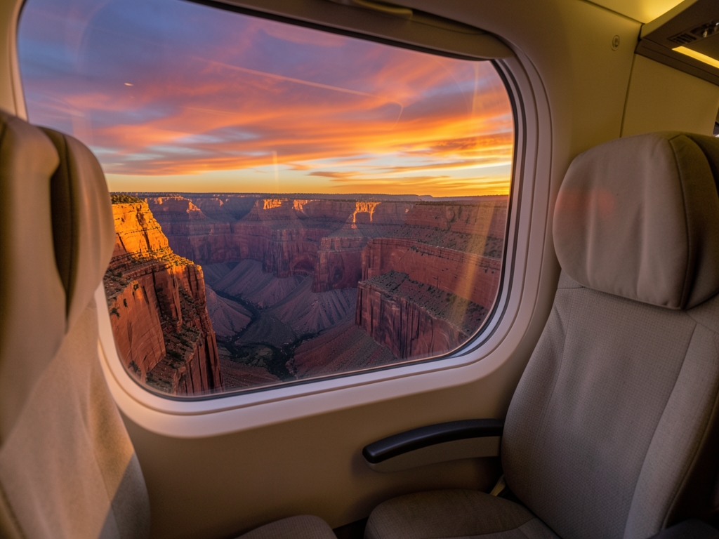 Sunset over red rock canyons seen from airplane window