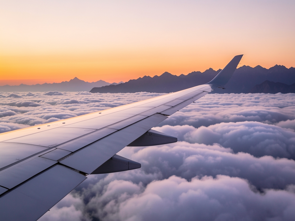Airplane wing over layered clouds sunset soft orange
