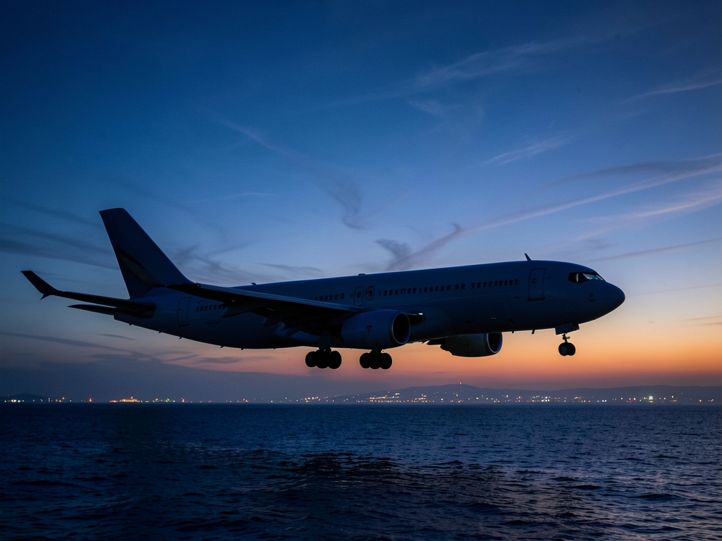 Airliner wing engine silhouetted against deep twilight over
