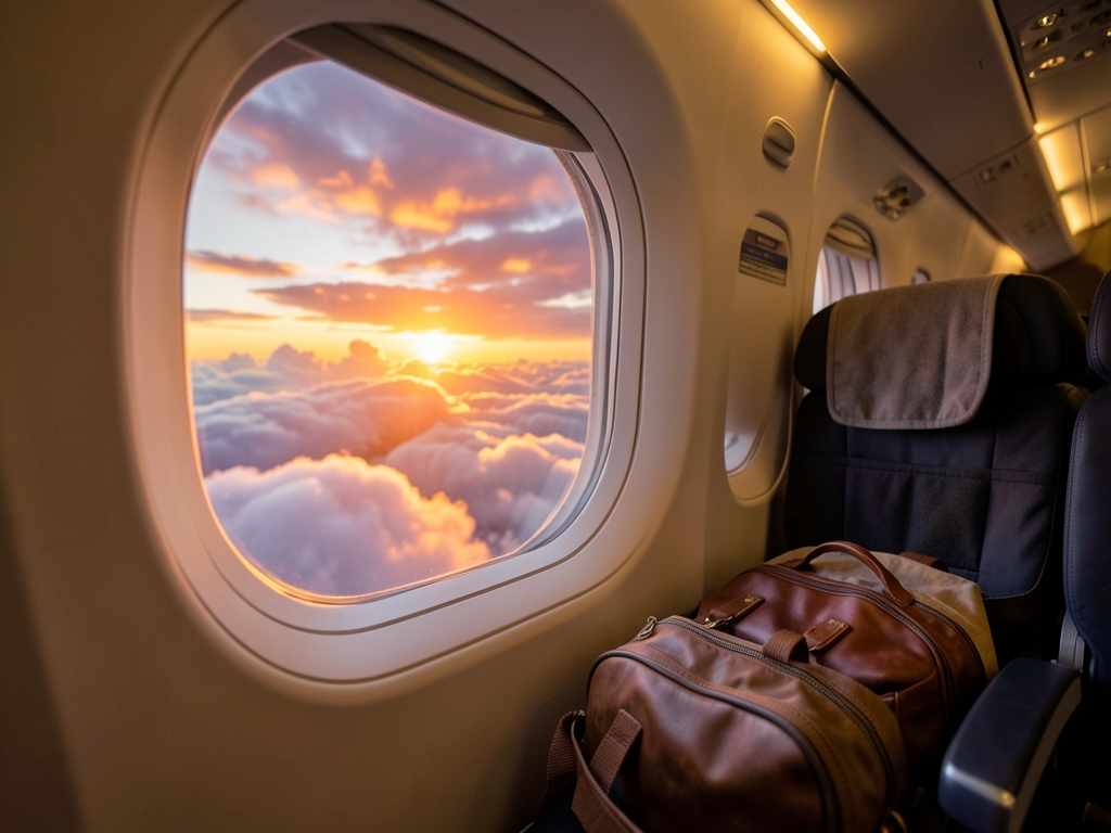 Airplane window view over glowing sunset clouds with