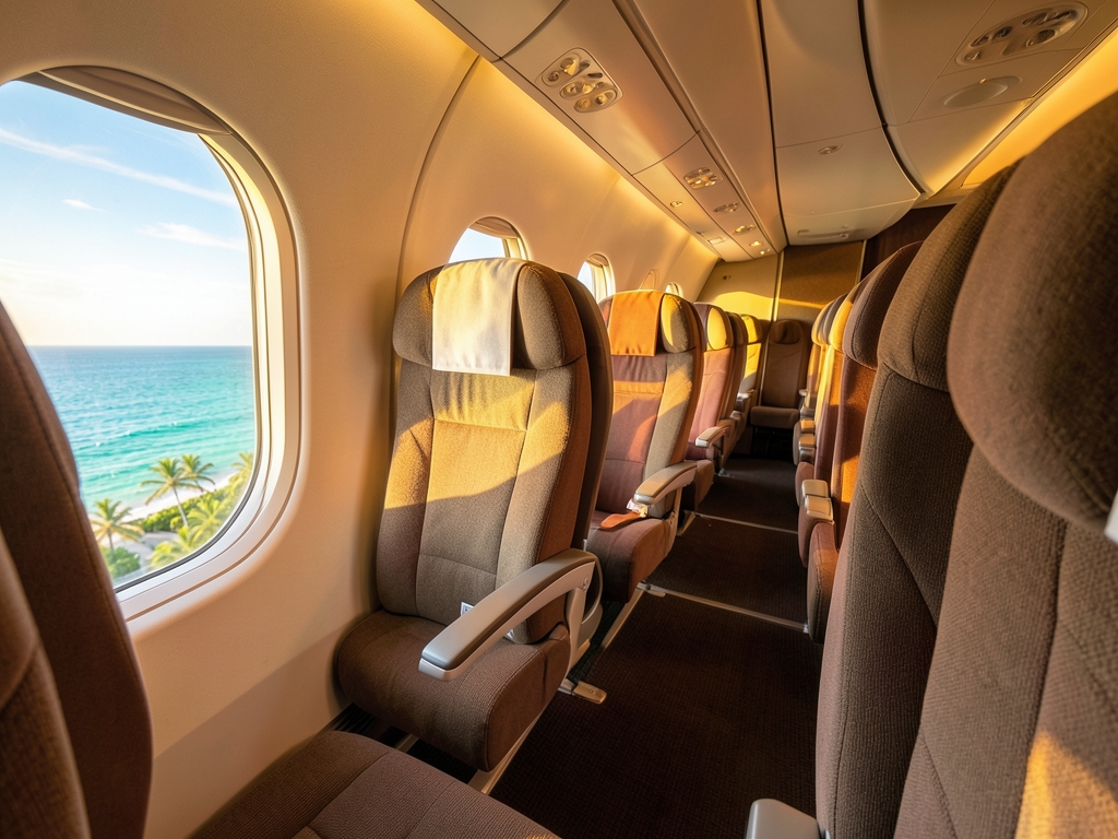 Cozy economy airplane cabin with fabric seats warm
