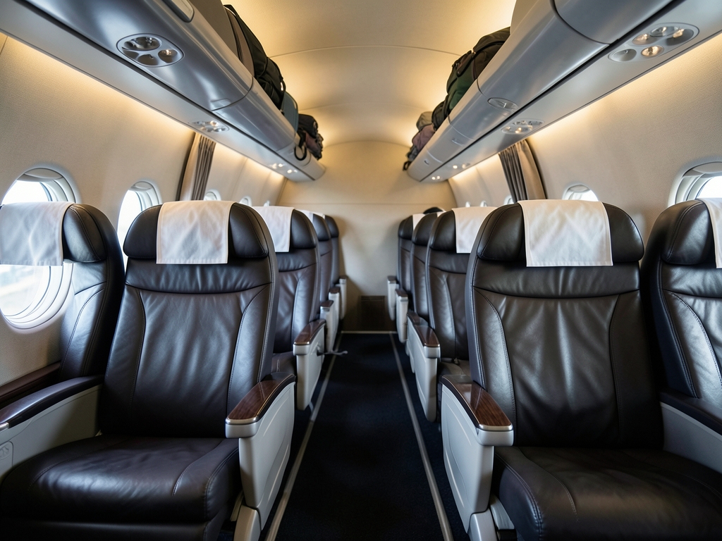 Airplane cabin aisle with broad leather seats overhead