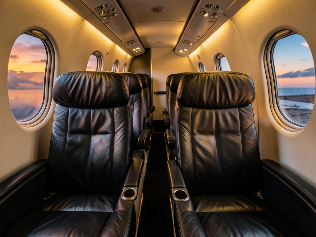 Interior narrow budget airliner cabin dusk compact dark