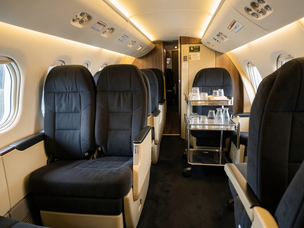 Quiet premium aircraft cabin with charcoal seats cream
