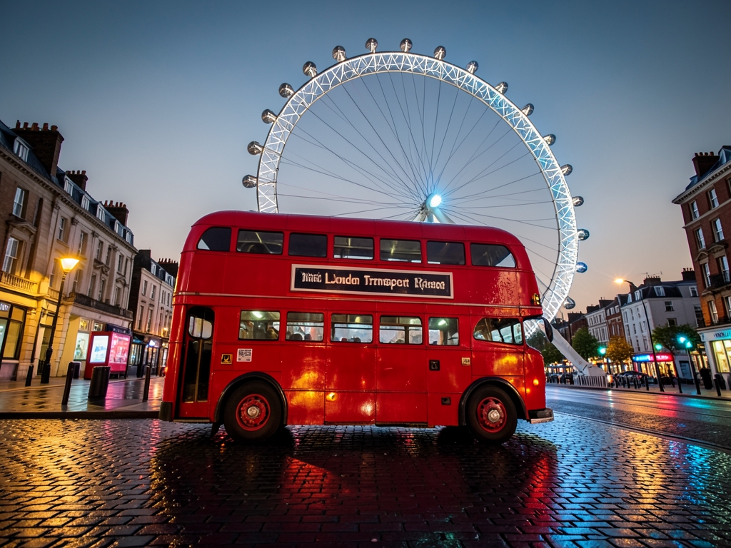 vintage double decker passes beneath shadow London dusk with