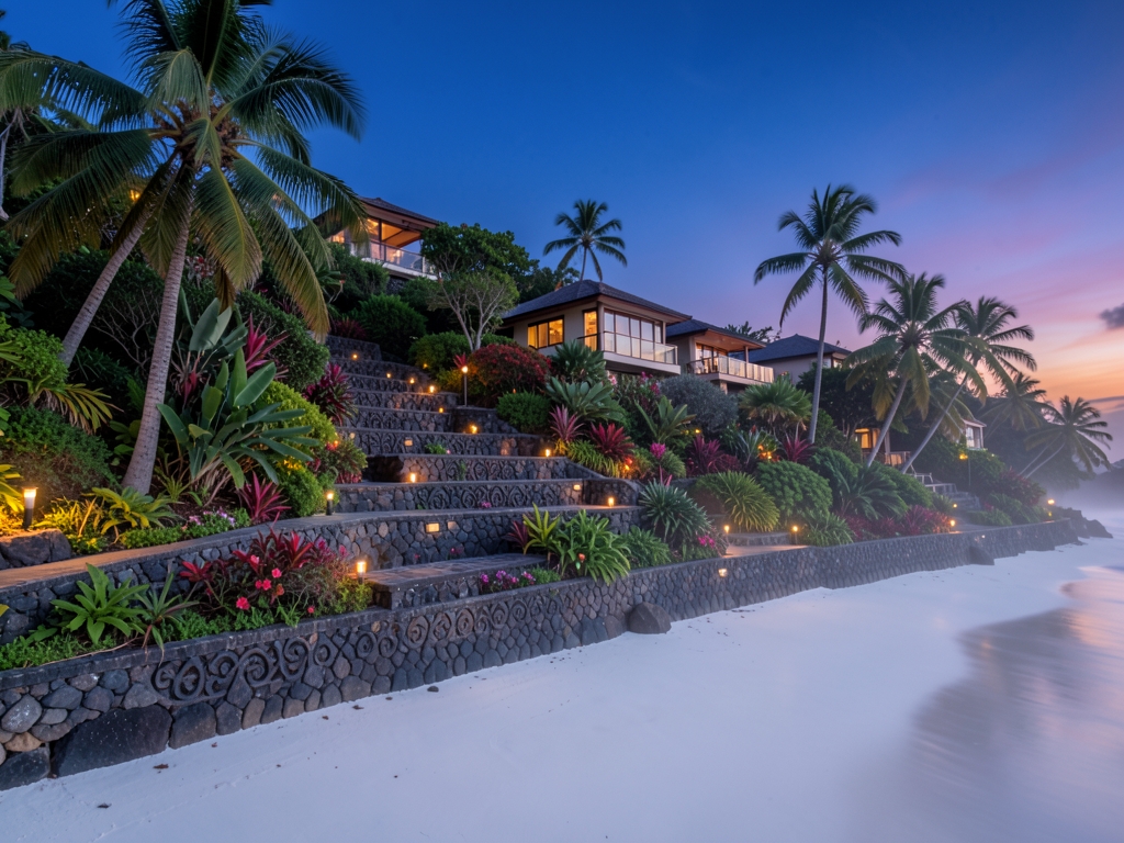 Stone terraces lush hillside villas Lucia resort dusk