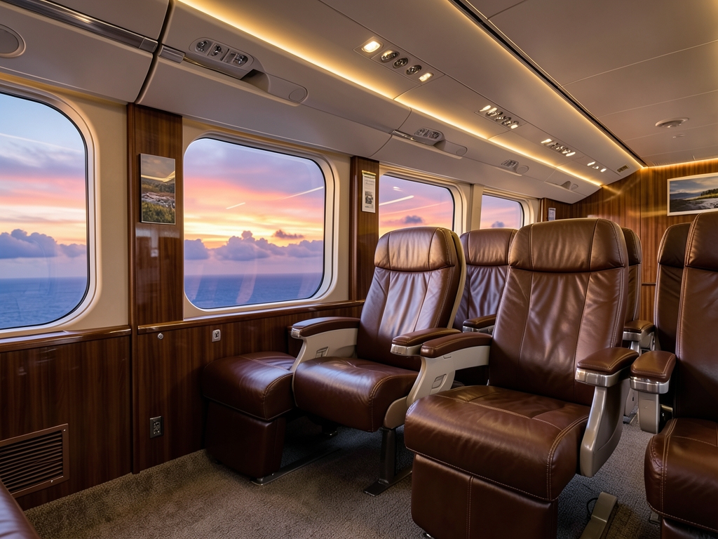 Spacious premium airplane cabin with wide leather seats