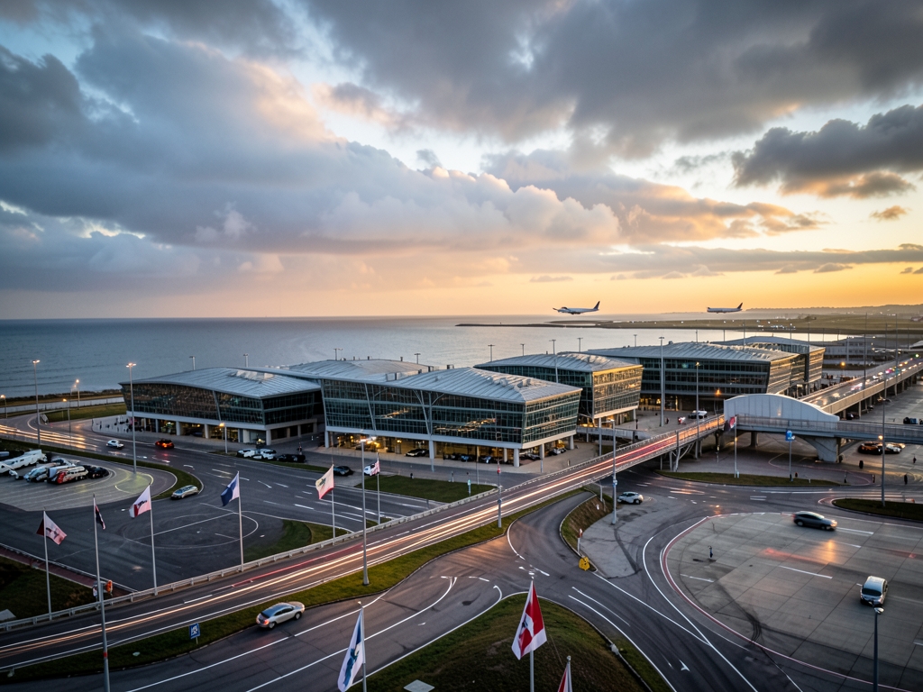 Wide coastal airport landscape beneath dramatic clouds layered