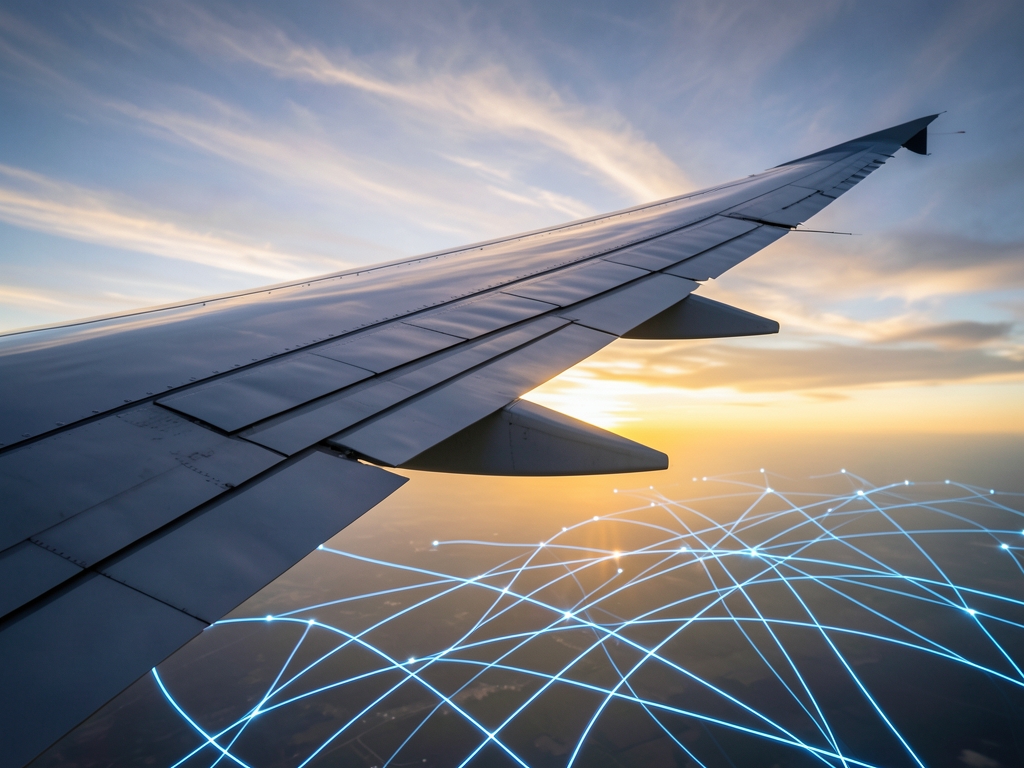 Sleek metallic aircraft wing slicing through twilight clouds