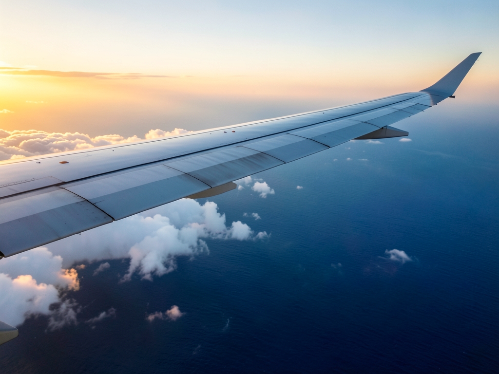 airplane wing over Atlantic Ocean sunset clouds below