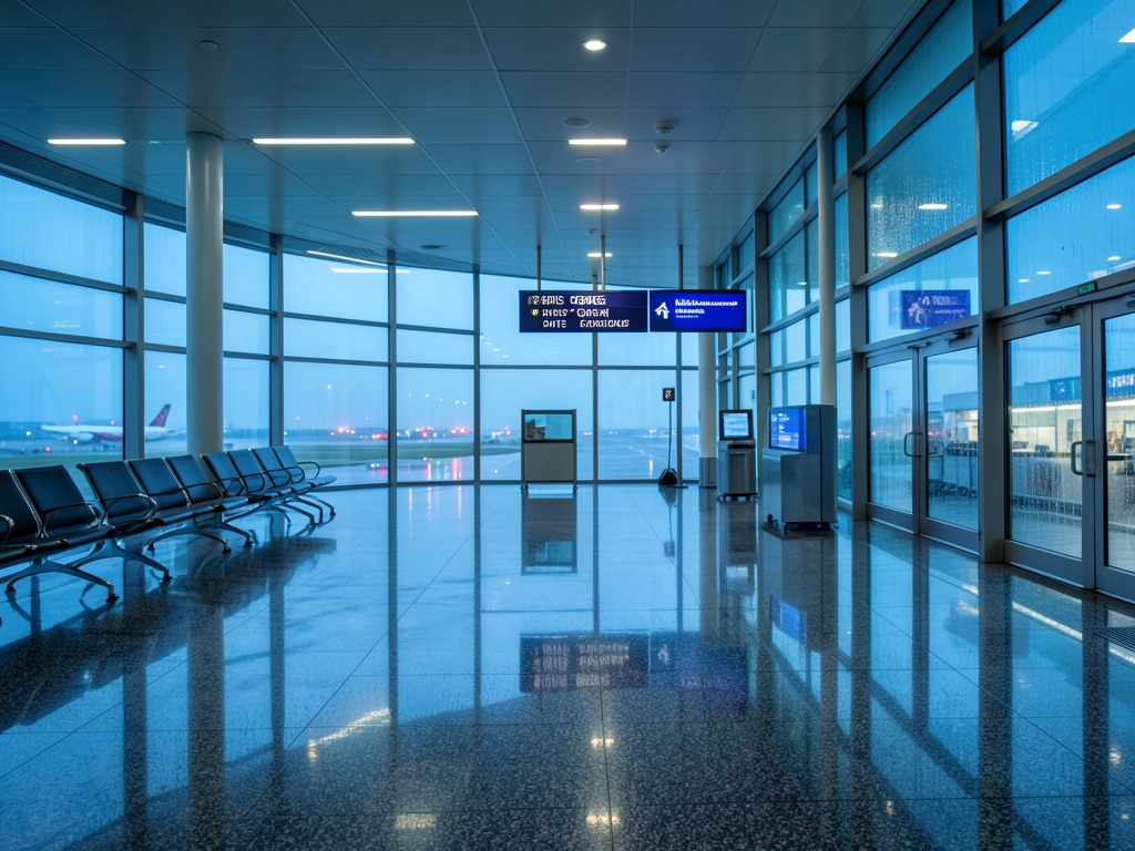 empty Charles Gaulle departure gate twilight polished floors
