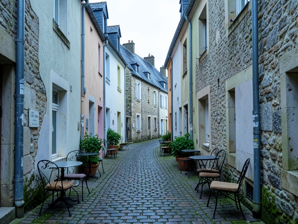 quiet cobblestone alley lesser known European town faded pastel