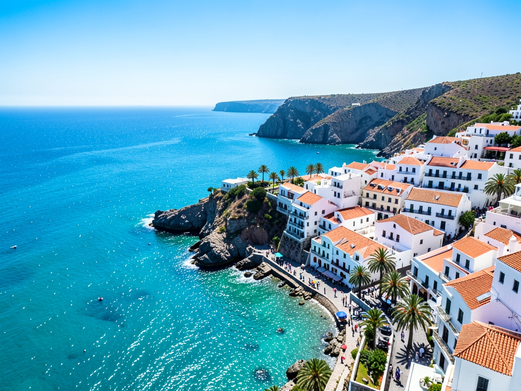 Aerial view Mediterranean coastline whitewashed Spanish town bright