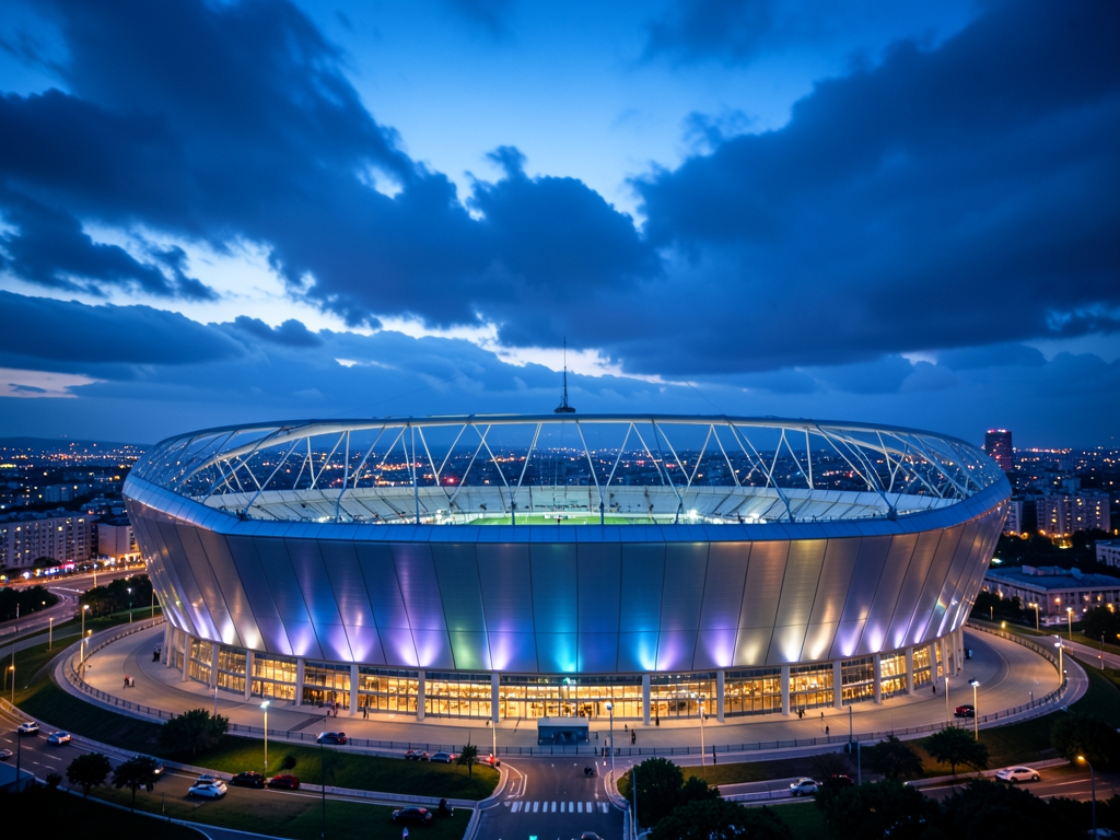 Modern football stadium glowing blue hour dusk under dramatic