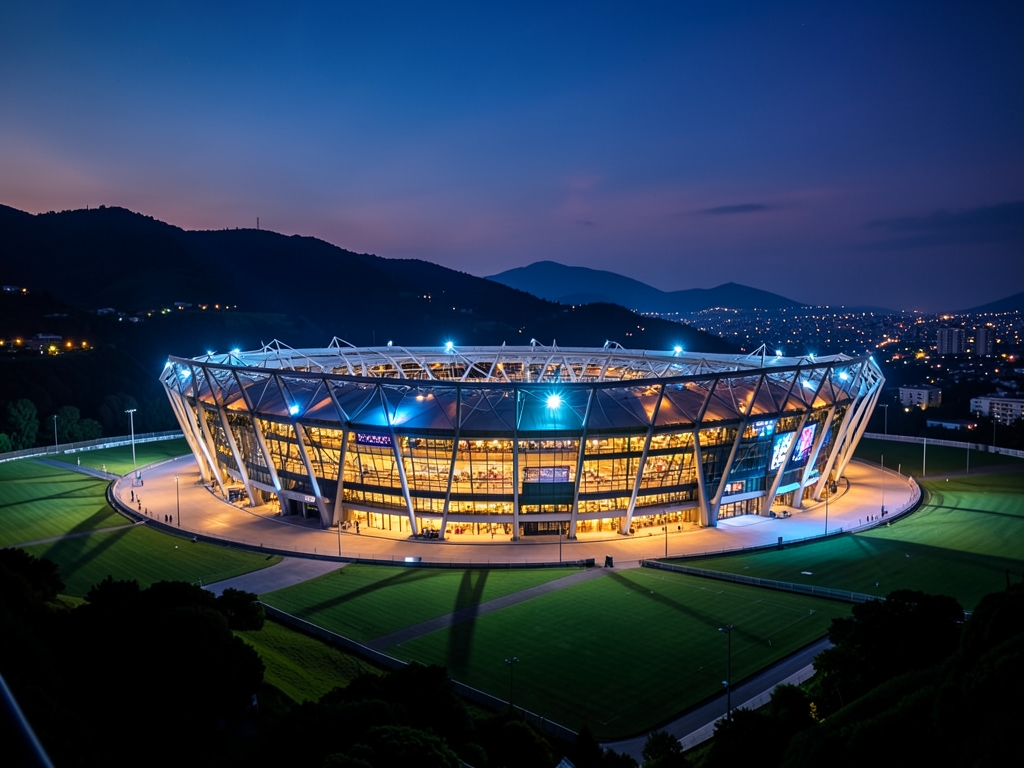 Modern stadium architecture illuminated dusk surrounded rolling hills